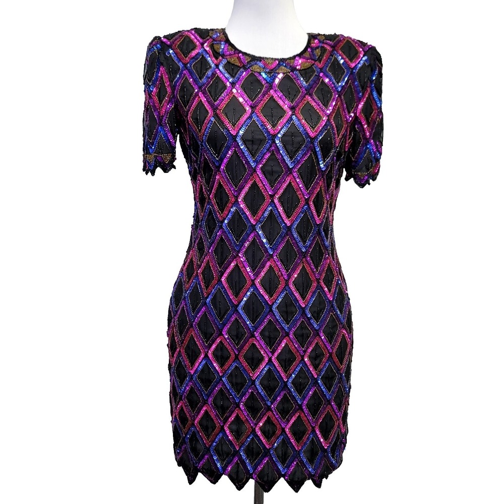 Vintage 90s Night Vogue Sequin Beaded Diamond Mini Dress Drag Cocktail Clubwear